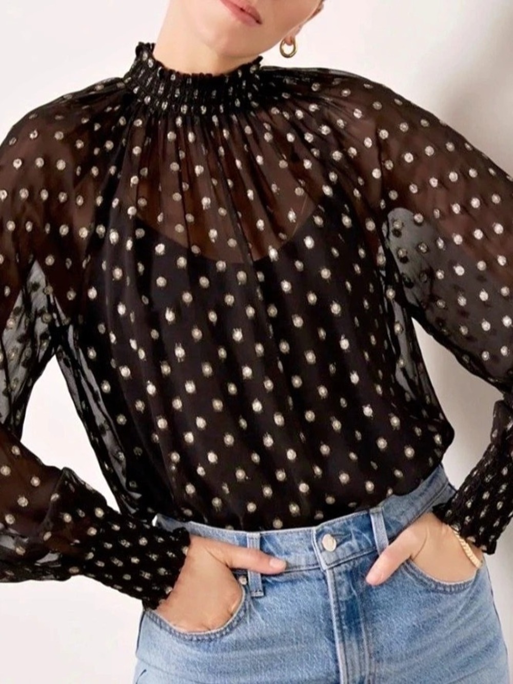 EVEREVE Gold Dot Puff Sleeve Blouse Size Small Like New